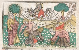 Nürnbergi Biblia: Az égből hulló manna, 1400-as évek. alkotó: Unbekannt