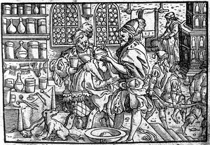 Műtét egy férfi fején. Forrás: Theophrastus Bombastus von Hohenheim nagy sebgyógyszere, 1562 alkotó: Unbekannt