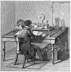 Üzenetet küldő kezelő Morse elektromos nyomdatávírón, 1887 alkotó: Unbekannt