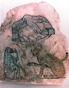 Ostracon töredék, gepárd, madár és majom, Egyiptom alkotó: Unbekannt