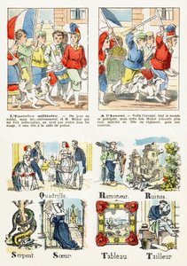 7. oldal - gyerekjátékok: hadgyakorlat, A támadásban - Ábécé - Gyermekek szórakoztatása - Epinal képanyag, népszerű sorozat, 1890 körül alkotó: Unbekannt