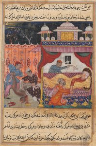 Oldal a Papagáj meséiből Tuti-nama: Ötödik éjszaka: A megölt majom, vére..., c. 1560. alkotó: Unbekannt