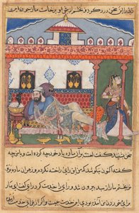 Oldal a Papagáj meséiből Tuti-nama: Negyvenharmadik éjszaka: A kígyó, kosárba rejtve..., c. 156 alkotó: Unbekannt