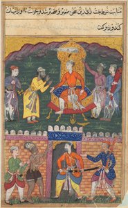 Oldal a Papagáj meséiből Tuti-nama: Hetedik éjszaka: A vezír lebeszéli a királyt..., c. 1560. alkotó: Unbekannt