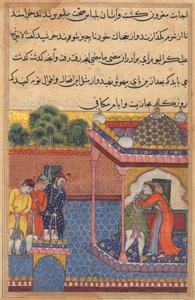 Oldal a Papagáj meséiből Tuti-nama: Harminckettedik éjszaka: Khurshid újraegyesült..., c. 1560. alkotó: Unbekannt