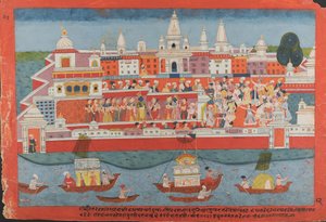 Oldal egy szétszórt Bhagavata Purana kéziratból Krishna élete, kb. 1775. alkotó: Unbekannt