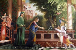 Festmény a Bhaktivedanta kastélyban, amely fiatal Krisnát ábrázol, aki Yasoda anyához és Nanda Maharajhoz (a nevelőszüleihez) fut, Watford Grande-Bretagne-hoz alkotó: Unbekannt