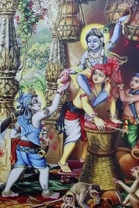 Festmény, amely egy hindu istent, Krishnaast, egy gyermeket ábrázol, aki testvéreivel játszik. India alkotó: Unbekannt