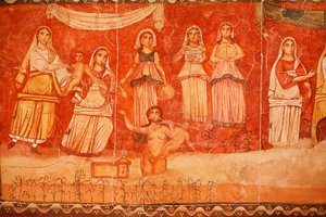 A fáraó és Mózes gyermekkora, a Doura (Dura) Europos zsinagógájának freskója, 244-245, a Damaszkuszi Nemzeti Múzeumban őrzik. A fotó a New York-i Zsidó Múzeumban készült egy kiállítás alatt. alkotó: Unbekannt