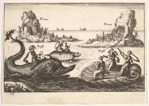 15. tábla: Folyók és istennők, rúdtartók által vezetett lebegő szigetekkel, női alak..., 1664. alkotó: Unbekannt