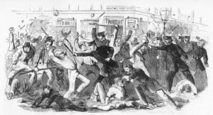 A rendőrség vádat emel a zavargások ellen a Tribune irodában, 1860-as évek alkotó: Unbekannt