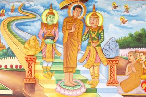 Preah Prom Rath kolostor Buddha életeBuddha a mennyországba látogat, és találkozik Indra és Brahma istenekkel, Siem Reap, Kambodzsa alkotó: Unbekannt