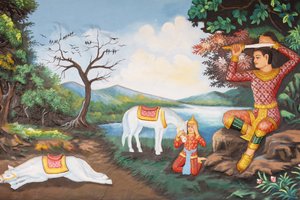 Preah Prom Rath kolostor Buddha életeA nagy tonzúra: Buddha kardjával levágja a haját, majd koldusköntösre cserélte hercegét, majd megkezdte a megvilágosodás keresését, Siem Reap, Kambodzsa alkotó: Unbekannt