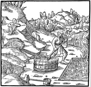 Só előállítása természetes sóoldat elpárologtatásával, égő széngödörbe öntve, 1556 alkotó: Unbekannt