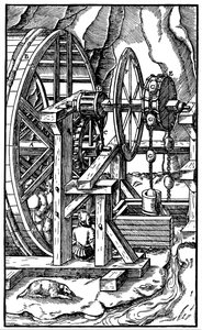 Férfiak által hajtott szivattyú egy futópadon, 1556 alkotó: Unbekannt