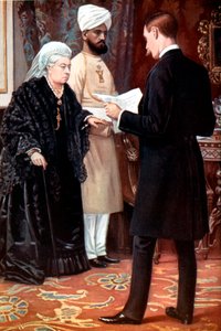 Viktória királynő a frontvonalról küldetést hallgat a búr háború alatt, 1899-1901. alkotó: Unbekannt