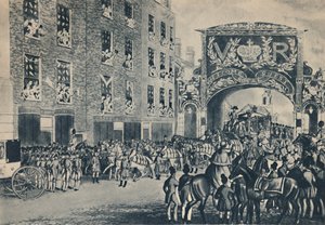 Viktória királynő bejárata a városba útban a céhházba, 1837. november 9., 1948. alkotó: Unbekannt