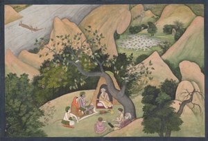 Rama, Sita és Lakshmana a Bharadvaja Ermitázsban: Illusztrált fólió a..., kb. 1780. alkotó: Unbekannt
