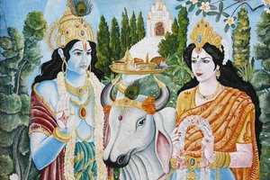 Ráma, Sita és szent tehén. Ráma Visnu 7. reinkarnációja. Pashupatinath, Katmandu, Nepál alkotó: Unbekannt