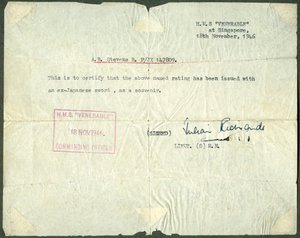 Nyugta egy volt japán kardról, HMS Venerable, Szingapúr, 1946 alkotó: Unbekannt