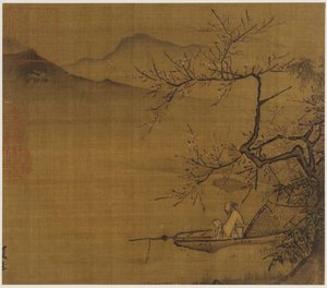Folyói táj: egy ember, aki egy virágzó fa alatt kikötött csónakban olvas, Ming-dinasztia, 1368-1644. alkotó: Unbekannt
