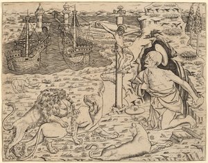 Szent Jeromos a bűnbánatban, két hajóval egy kikötőben, c. 14801500. alkotó: Unbekannt
