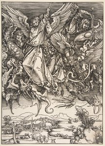 Szent Mihály harcol a sárkány ellen, Az Apokalipszisből, 1498. alkotó: Unbekannt