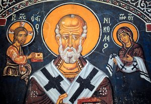Szent Miklós körülveszi Krisztus és Mária bizánci freskója a 14. századból (1332) Nathex, déli fal Phorbiotissa Virgin templom, Asinou Unesco helyszín Troodos régió, Ciprus alkotó: Unbekannt