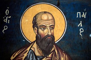 Szent Pál: Bizánci freskó a 14. századból (1332) Nathex, déli fal Phorbiotissa Virgin templom, Asinou Unesco helyszín Troodos régió, Ciprus alkotó: Unbekannt