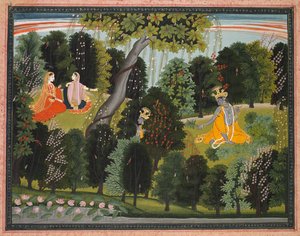 Sakhi ráveszi Radhát, hogy találkozzon Krishnával, a Lambagraon Gita Govindától..., c. 1820-1825. alkotó: Unbekannt