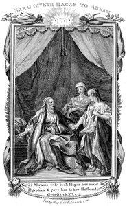 Sarah, Ábrahám felesége, meddő lévén, felajánlja Hágár szolgálólányát férjének, 1804 alkotó: Unbekannt