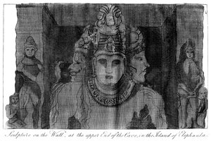 Szobor a falon a barlang felső végén, Elephanta szigete, India, 1799 alkotó: Unbekannt