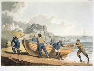 Tengerészek, akik klinkerből készült gumicsónakot húznak fel a partra, 1821 alkotó: Unbekannt