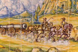 Segovia, Segovia tartomány, Spanyolország. Modern kerámia csempe festmény 16. századi tüzérségi darabról, amelyet lovak rajzolnak. (fénykép) alkotó: Unbekannt