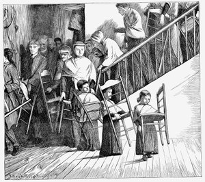 Shaker közösség vacsorázni megy, mindegyik a saját Shaker székével, New York állam, 1870 alkotó: Unbekannt