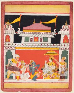 Shri Raga, egy Ragamala sorozatból, Három zenész lép fel egy nemes előtt, c. 1650. alkotó: Unbekannt