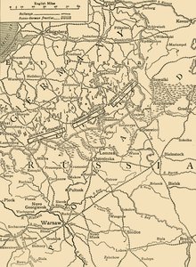 Vázlatos térkép a Varsótól északra lezajlott német támadás illusztrálására 1915 februárjában, 1920 körül. alkotó: Unbekannt