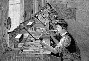 Kerékpár alkatrészek forrasztása amerikai gyárban, c1900 alkotó: Unbekannt