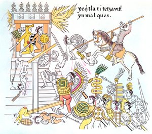 Spanyol hódítók natív tlaxcalai szövetségeseikkel egy azték templomot megtámadva, 16. század alkotó: Unbekannt