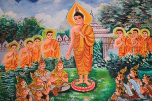 A Dharma terjesztése. Buddha élete. Mennyezeti alkotás, amely Buddha életét ábrázolja. Wat Inpeng. Vientiane. Laosz, 20151029, Vientiane, Laosz alkotó: Unbekannt