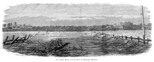 St Kilda Road, a Princes Bridge déli oldala – árvizek Melbourne-ben, Ausztráliában, 1864 alkotó: Unbekannt