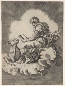Felhőn ülő Szent Lukács nyitott könyvvel a két kezében, a honoráriumán fekvő bikával..., 1518 után. alkotó: Unbekannt