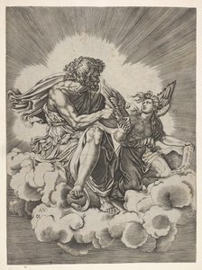 Felhőn ülő Szent Máté keresztbe tett lábbal és tollat tintatartóba mártva..., 1518 után. alkotó: Unbekannt