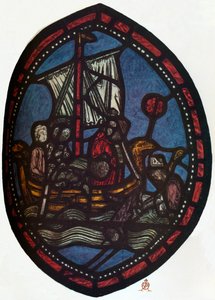 Szent Miklós ablak a Westminster Abbey Jeruzsálemi Kamrájában: Miklós és a hamis zarándok, alkotó: Unbekannt