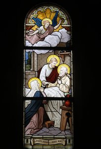 Ólomüveg a Notre Dame du Rosaire katolikus templomban: Szent József, a halál védőszentje, Saint-Ouen, Franciaország alkotó: Unbekannt