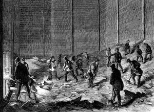 Jég tárolása szigetelt fészerekben a Charless Ice Store-ban, Chelsea, London, 1861 alkotó: Unbekannt