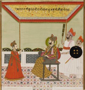 Surat Singh oroszlánkarú trónon ül, és fogadja kisfiát, c1800 alkotó: Unbekannt