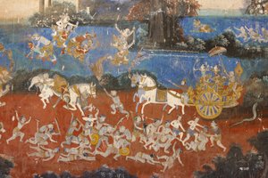 Sylver PagodaEz a falfestmény a Reamker jeleneteit ábrázolja, amely a kambodzsai vagy khmer, a Ramayana, Phnom Penh, Kambodzsa klasszikus hindu versének változata. alkotó: Unbekannt