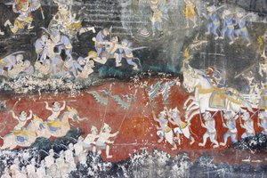 Sylver PagodaEz a falfestmény a Reamker jeleneteit ábrázolja, amely a kambodzsai vagy khmer, a Ramayana, Phnom Penh, Kambodzsa klasszikus hindu versének változata. alkotó: Unbekannt