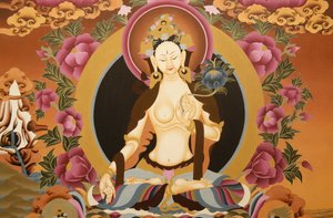 Thangka fehér Tara istennőt ábrázol, a hosszú élet buddhista szimbóluma, Bhaktapur, Nepál
